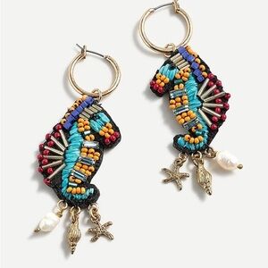 J.Crew Seahorse Charm Hoop Earrings Gold Pearl Nautical Statement NWT AP427